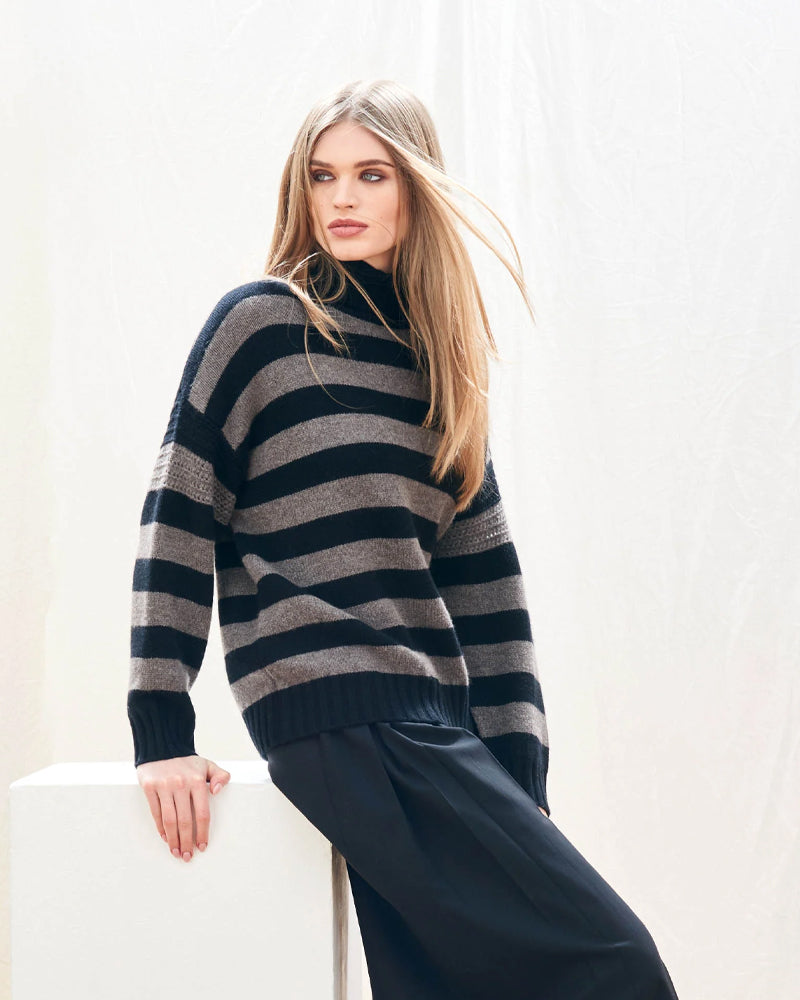 Jumper 1234 Stripe Breton Rollneck Jumper - Black/Grey