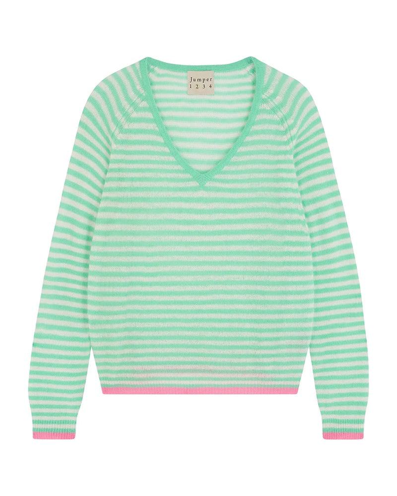 Jumper 1234 Little Stripe Vee Jumper - Green/Cream