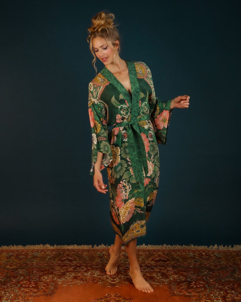 Powder Long Kimono Gown - Floral, Green